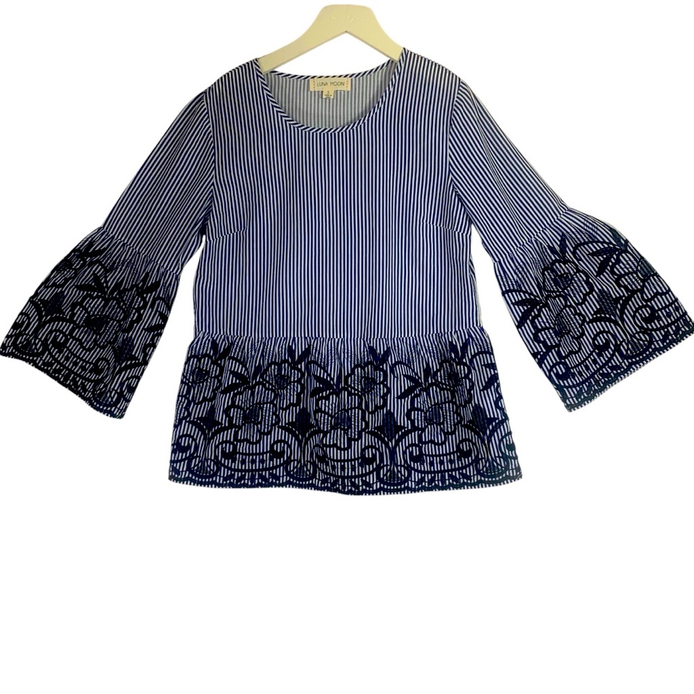 Luna Moon Striped & embroidered  boho Bell Sleeve Top - Blue and white sz small